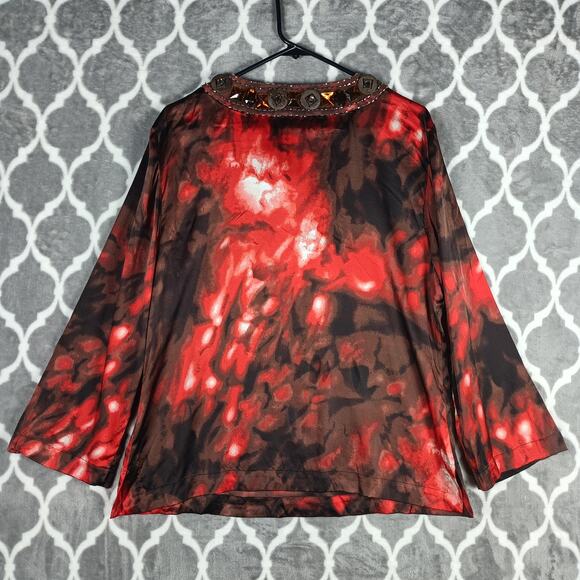 St. John Blouse Womens Large Red Brown Silk Stretch Beaded Jeweled Split Neck - Picture 5 of 12